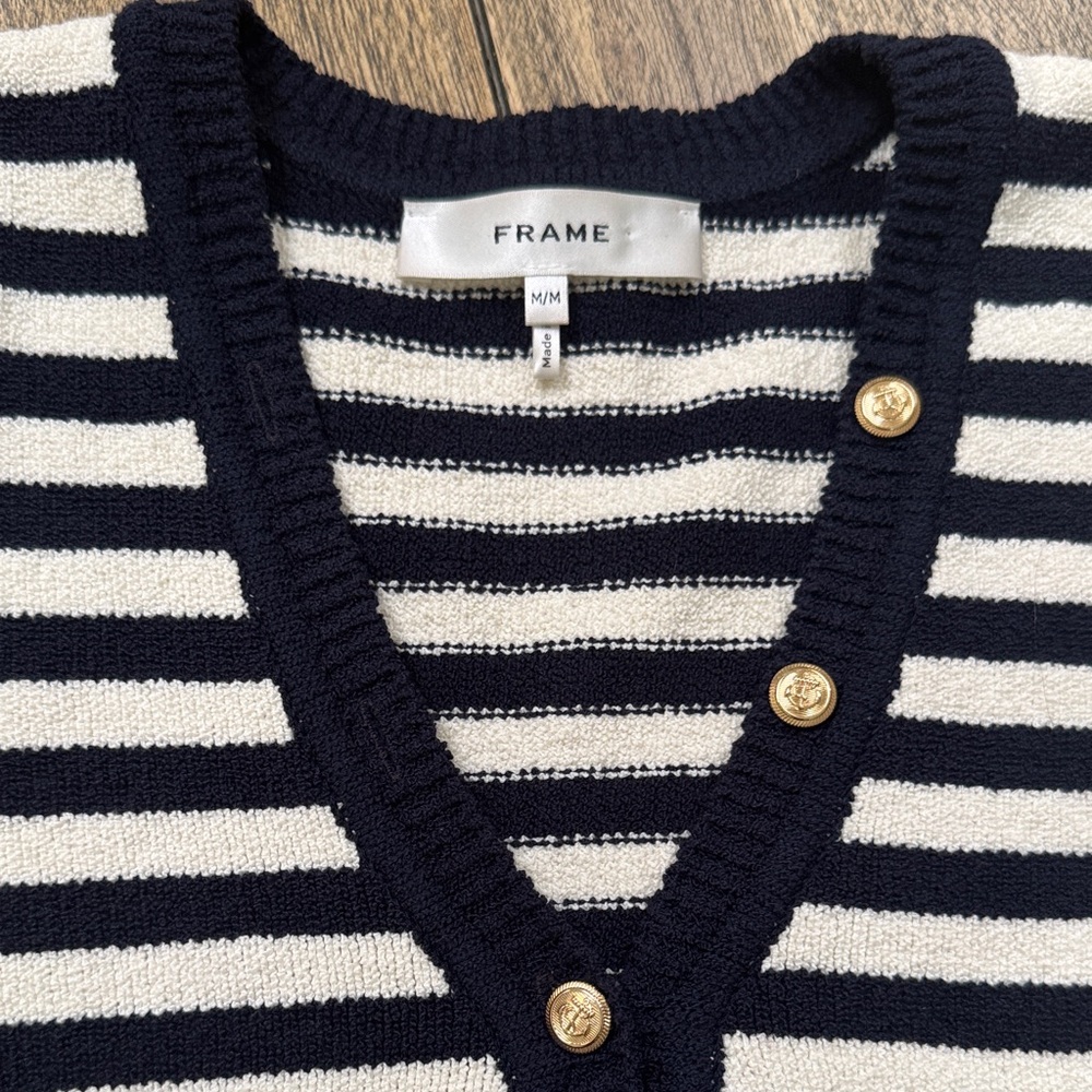 Frame Navy and White V-Neck Sweater with Gold Buttons - Picture 2 of 8